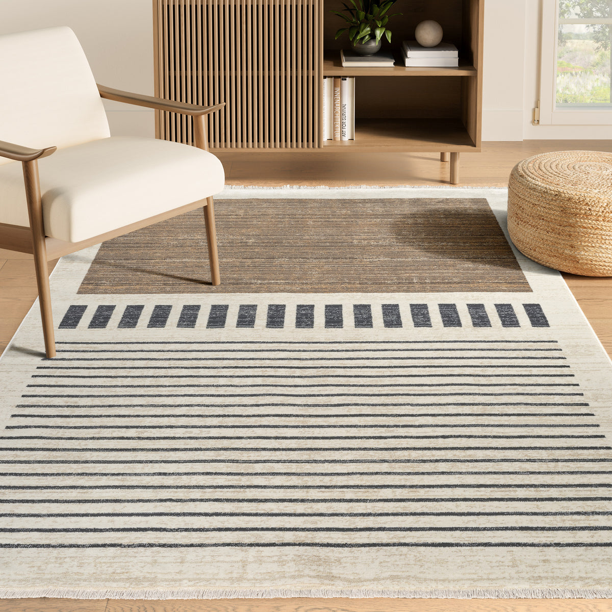 Austin Stripe Block Washable Beige Rug